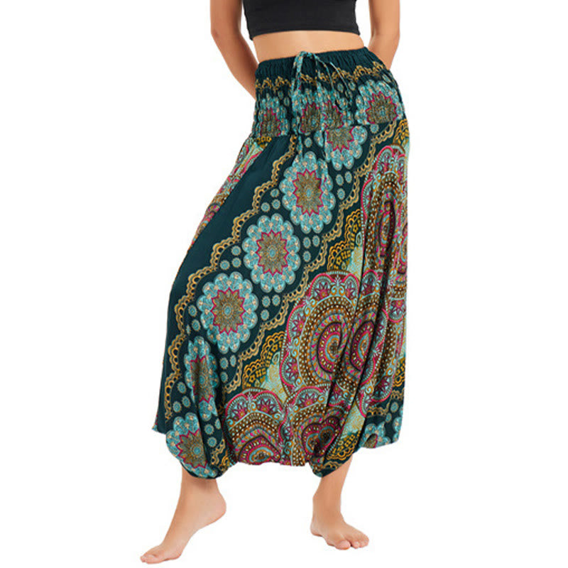 Two Style Wear Mandala Flower Pattern Loose Smocked Harem Trousers Jumpsuit High Waist Pants