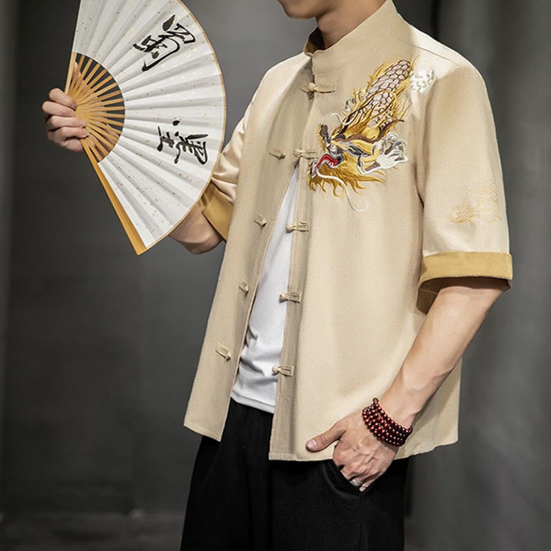 Frog-Button Chinese Dragon Auspicious Cloud Embroidery Half Sleeve Shirt Cotton Linen Men Clothing