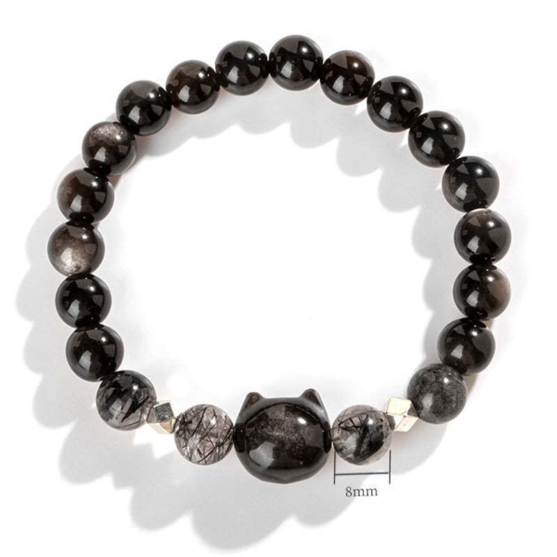 Natural Silver Sheen Obsidian Cute Cat Head Protection Bracelet