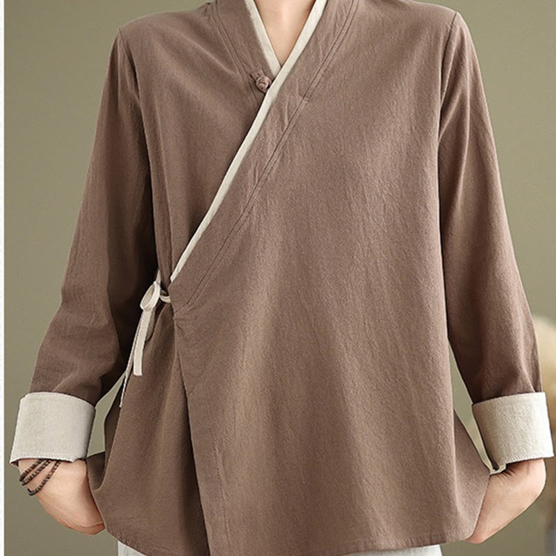 Fall Solid Color Hanfu Long Sleeve Lace Up Women's Shirt