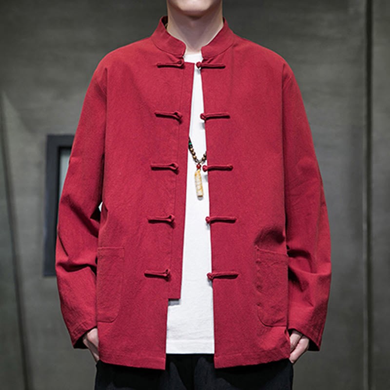 Solid Color Frog-button Tang Suit Cotton Linen Men's Jacket Shirt With Pockets