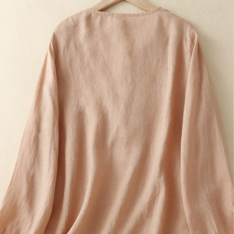 Casual Embroidery Flower Round Neck Long Sleeve Cotton Linen Top Women's Shirts