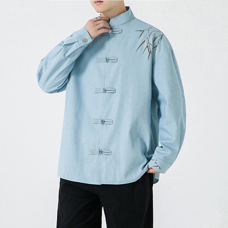 Bamboo Leaves Design Frog-button Tang Suit Cotton Men's Jacket Shirt