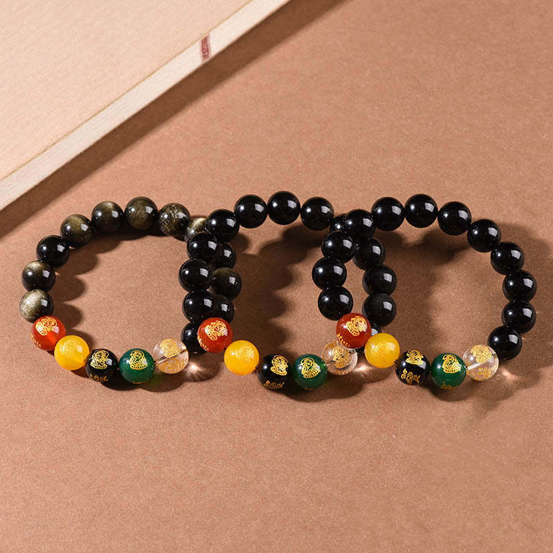 Gold Sheen Obsidian Rainbow Obsidian Black Obsidian Five Directions Gods of Wealth Bracelet