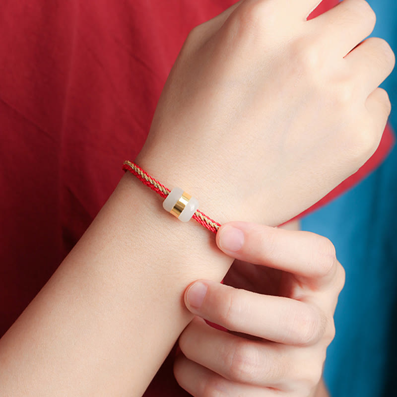 999 Gold Hetian White Jade Om Mani Padme Hum Fu Character Luck Braided Bracelet