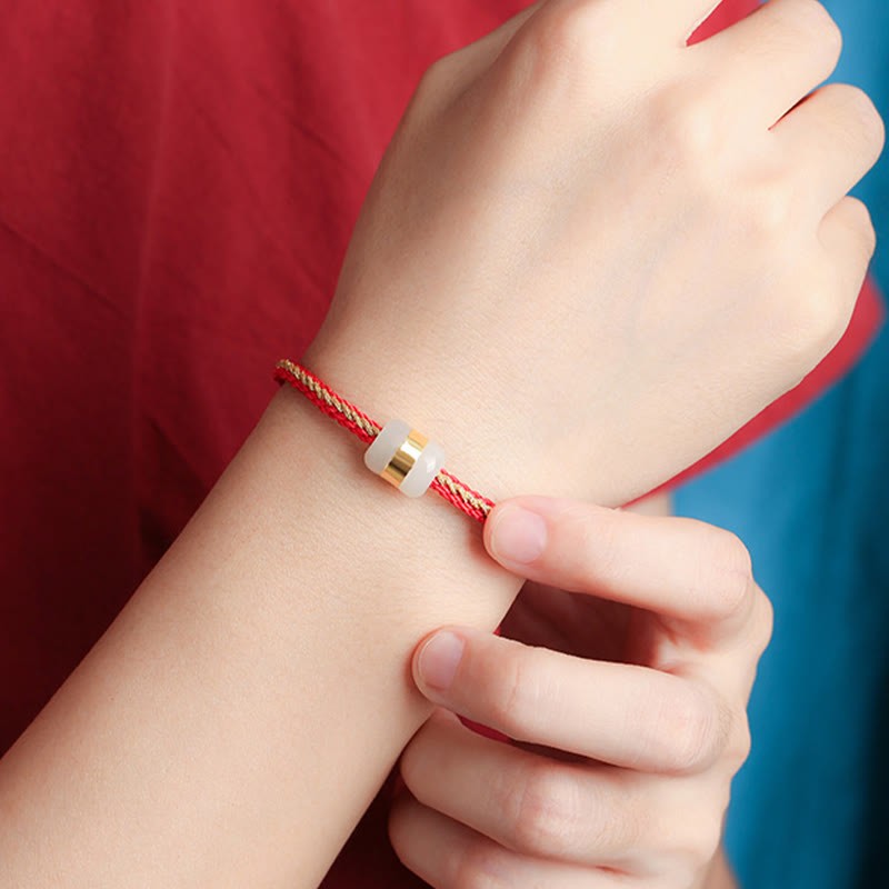 999 Gold Hetian White Jade Om Mani Padme Hum Fu Character Luck Braided Bracelet