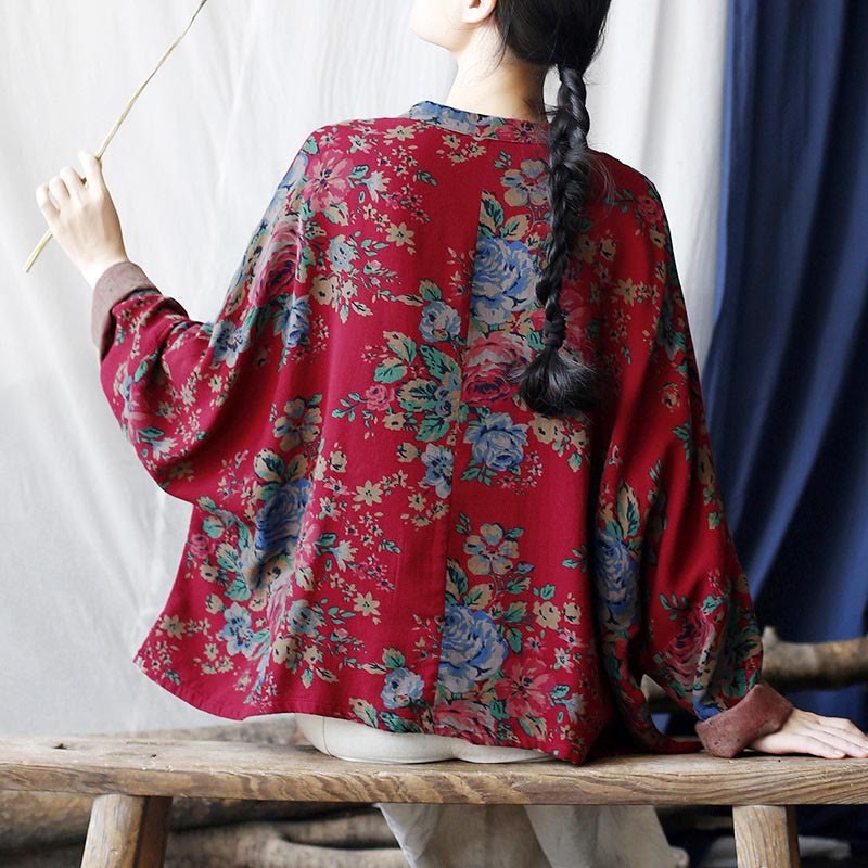Red Flowers Green Leaves Print Frog-button Design Long Sleeve Cotton Linen Jacket Shirt