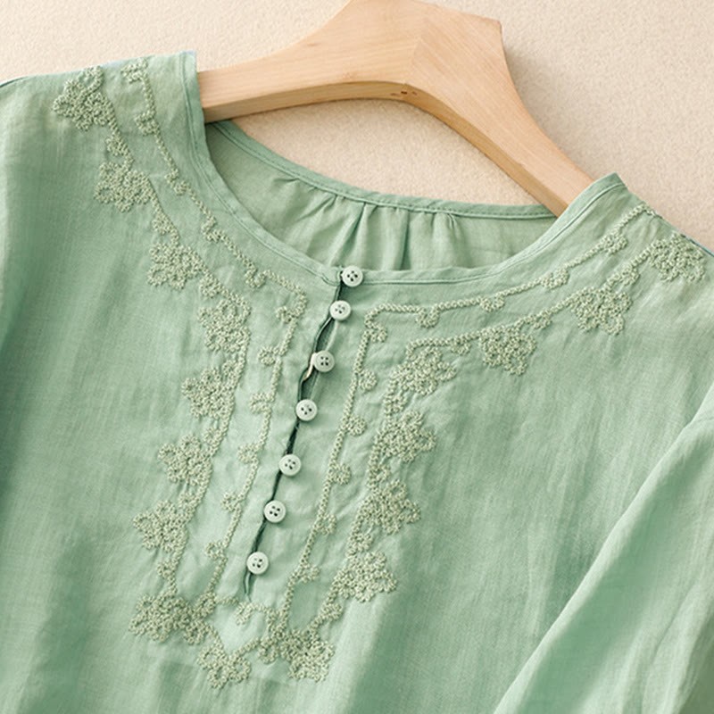 Casual Women's Plain Frog Buckle Design Half Sleeve Cotton Linen Shirt