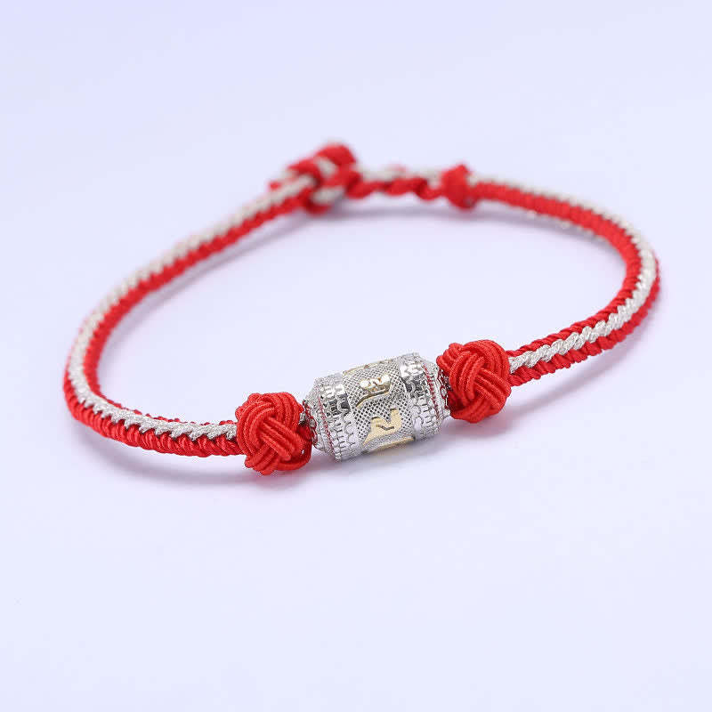 925 Sterling Silver Om Mani Padme Hum Prayer Wheel Luck Strength Red String Bracelet
