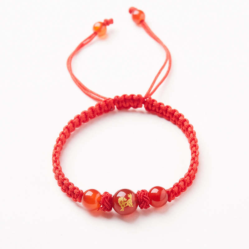 Natural Red Agate Chinese Zodiac Red String Braided Protection Luck Bracelet