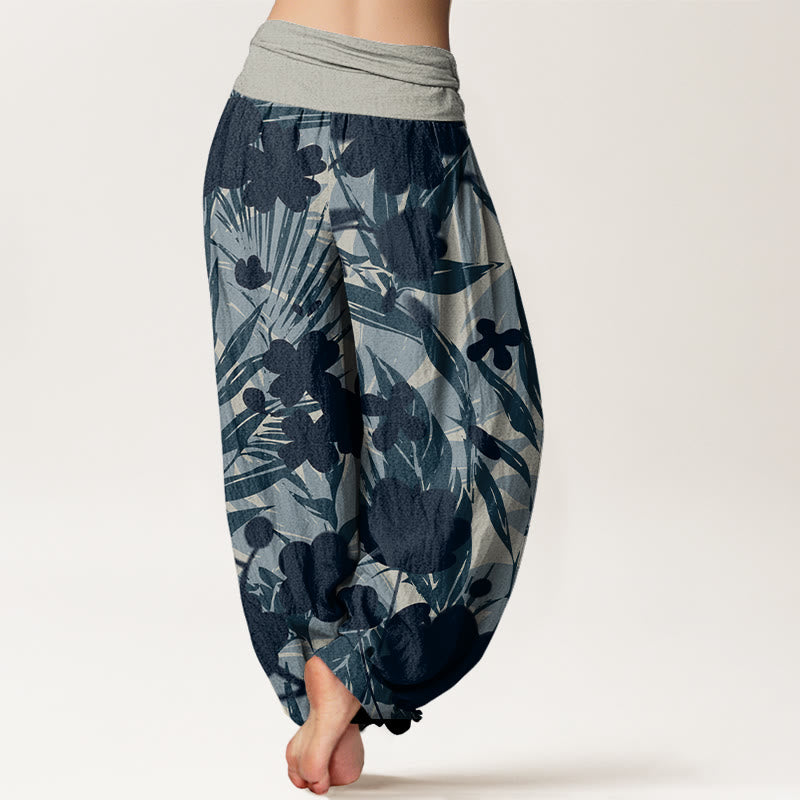Long Leaves Flowers Pattern Design Women's Elastic Waist Harem Pants