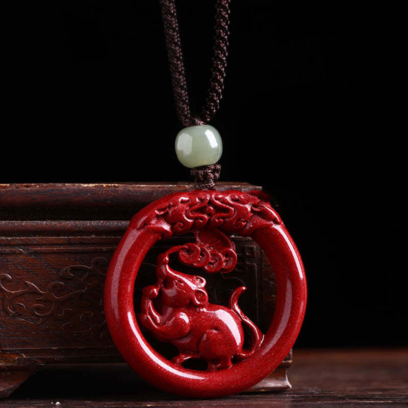 Chinese Zodiac Cinnabar Hetian Jade Peace Buckle Calm Necklace Pendant