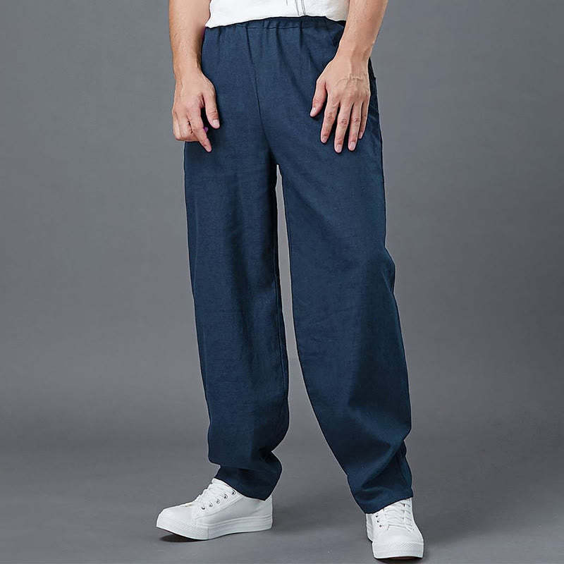 Plain Color Elastic Waist Ramie Linen Men's Pants With Pockets