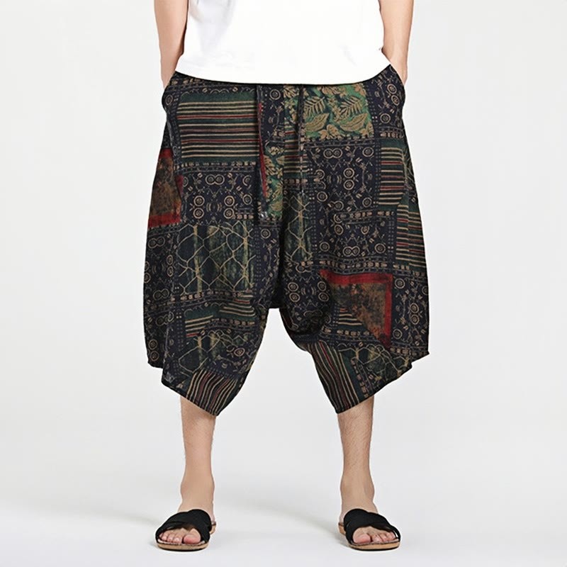 Ethnic Pattern Drawstring 7-8 Length Cotton Men's Harem Pants With Pockets