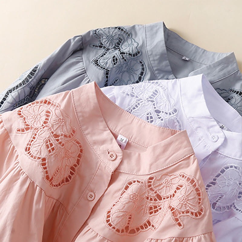 Casual Embroidery Flower Hole Design Three Quarter Sleeve Cotton Linen Women's Shirt