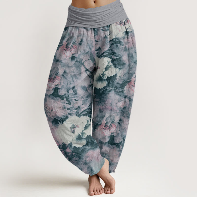 Casual Elegant Peony Flowers Women's Elastic Waist Harem Pants