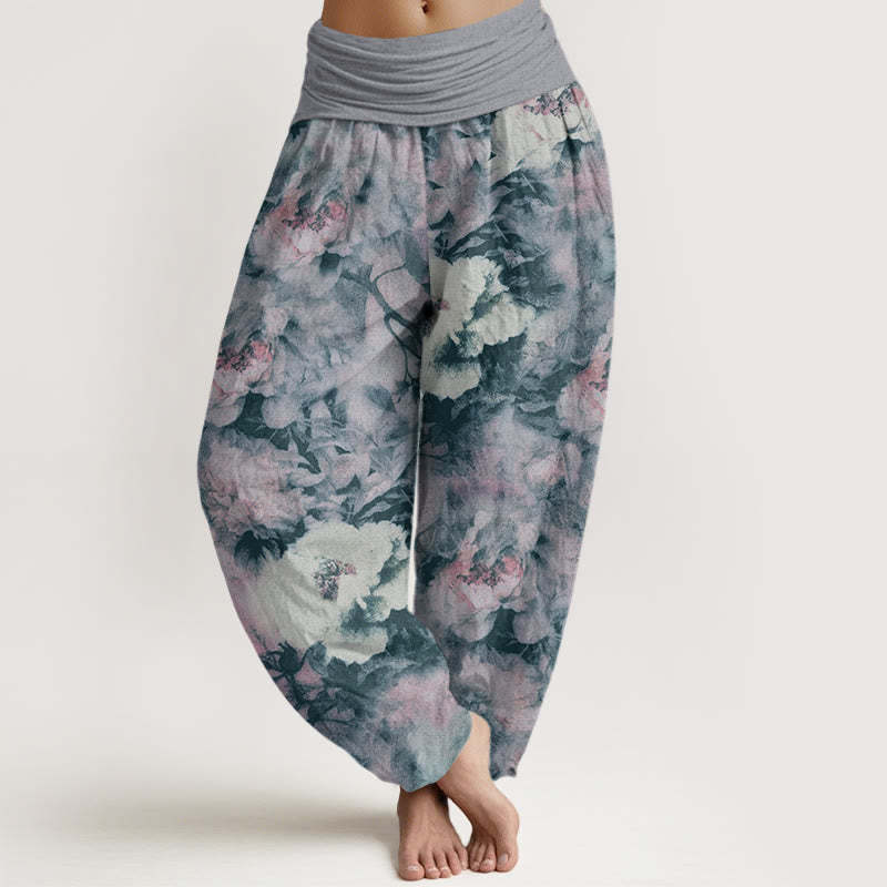 Casual Elegant Peony Flowers Women's Elastic Waist Harem Pants