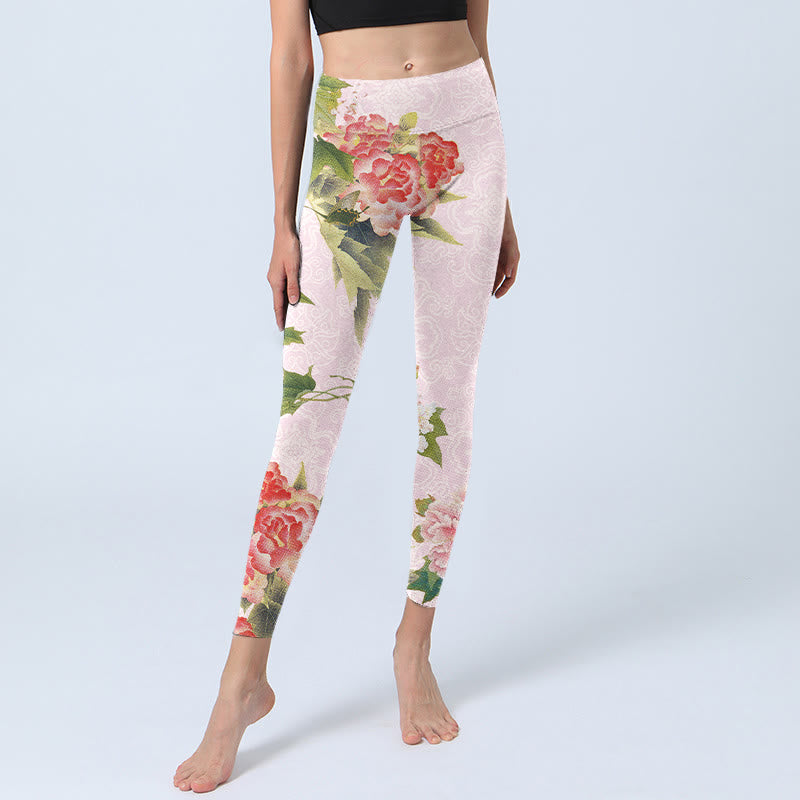 Hibiscus Flowers And Leaves Print Gym Leggings Women's Yoga Pants