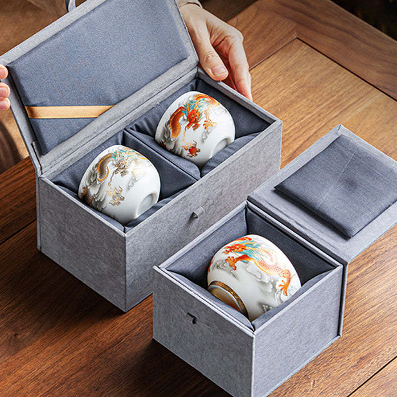 Dragon Phoenix Auspicious Clouds Ceramic Teacup Kung Fu Tea Cup With Gift Box
