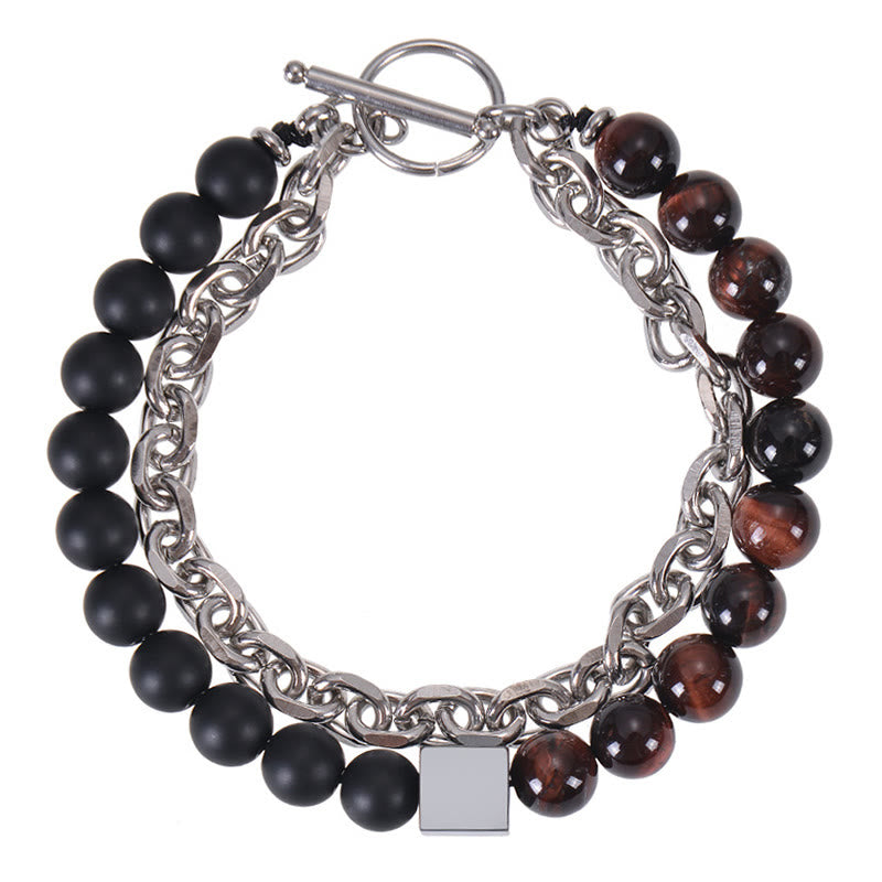 Colorful Tiger Eye Frosted Stone Black Magnetite Titanium Steel Double Wrap Protection Bracelet