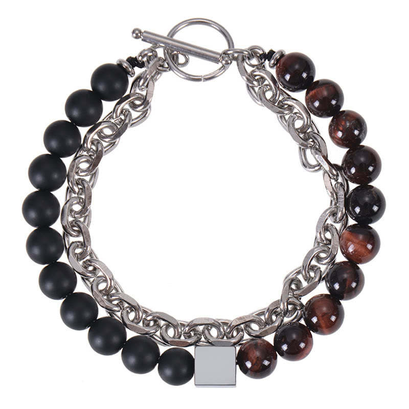 Colorful Tiger Eye Frosted Stone Black Magnetite Titanium Steel Double Wrap Protection Bracelet