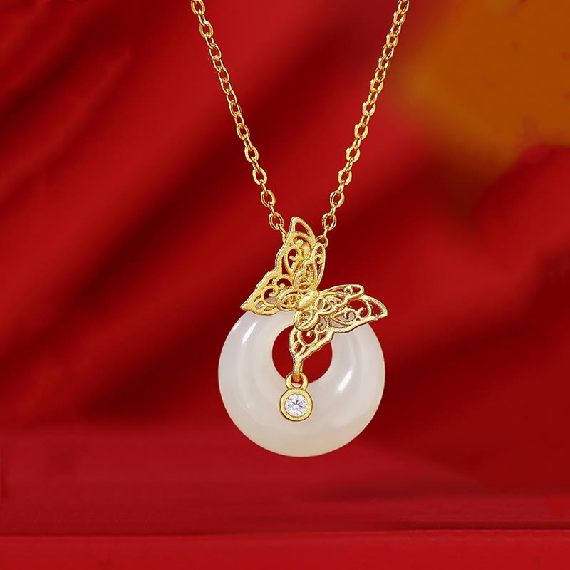 925 Sterling Silver Natural Hetian Jade Butterfly Prosperity Necklace Pendant