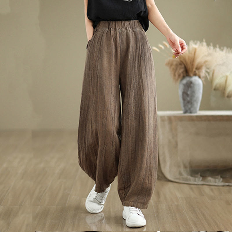 Plain Color Wrinkled Design Elastic Waistband Cotton Linen Women's Pants With Pockets