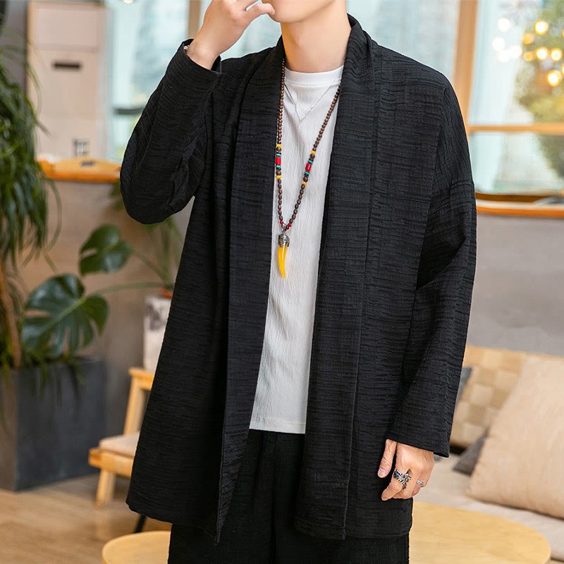 Fall Simple Loose Plain Linen Blend Men's Mid-length Coat Clothing