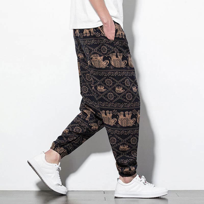 Elephant Brown Black Print Cotton Men's Long Cropped Harem Pants With Pockets