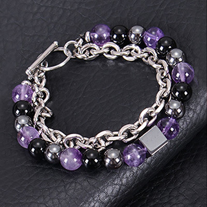 Colorful Tiger Eye Frosted Stone Black Magnetite Titanium Steel Double Wrap Protection Bracelet