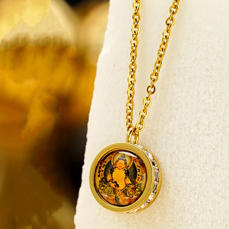 Tibetan Yellow God Of Wealth Green Tara mystic zen Serenity Titanium Steel Necklace Pendant