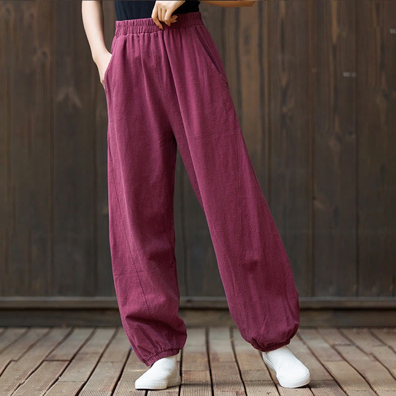 Casual Solid Plain Color Carrot Elastic Waistband Cotton Ramie Women's Pants With Pockets