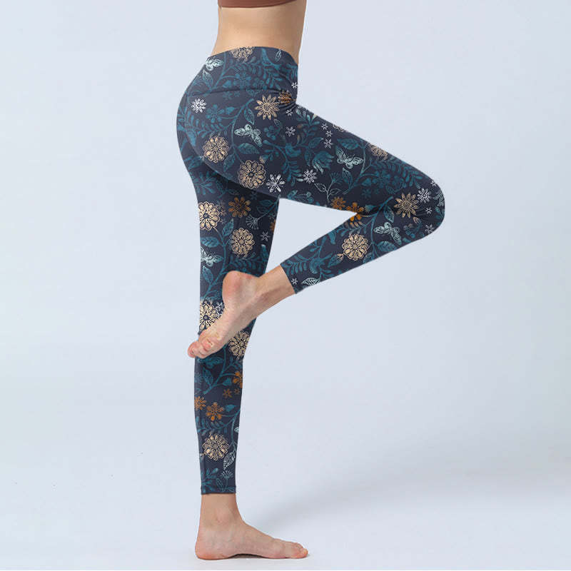 New York Aster Flowers Leaves Print Gym Fitness Leggings Women's Yoga Pants