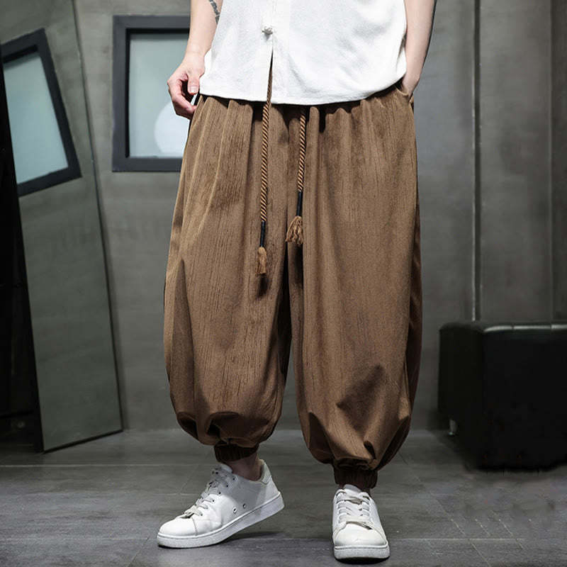 Solid Color Corduroy Drawstring Thermal Men's Harem Pants With Pockets
