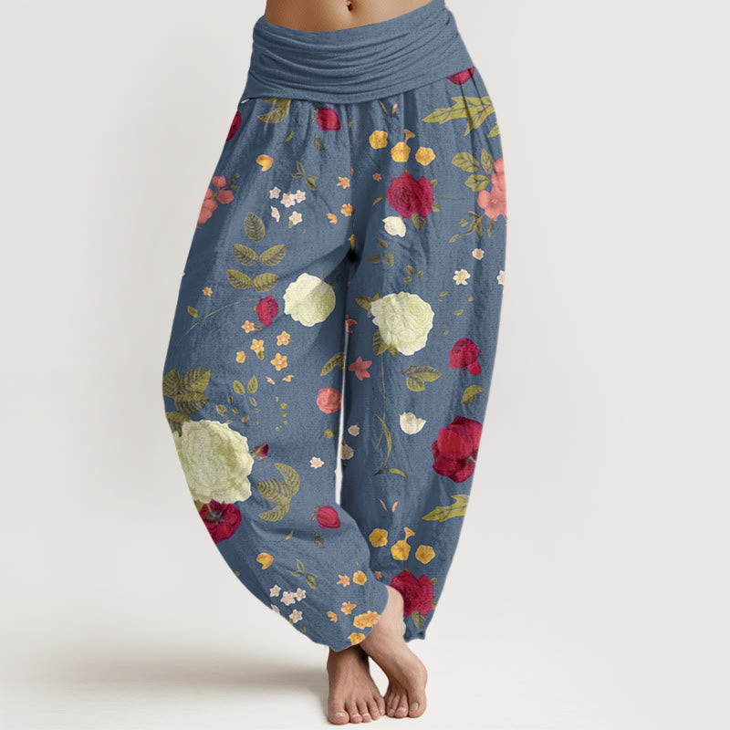 Rose Flowers Leaves Totem Pattern Women's Elastic Waist Harem Pants