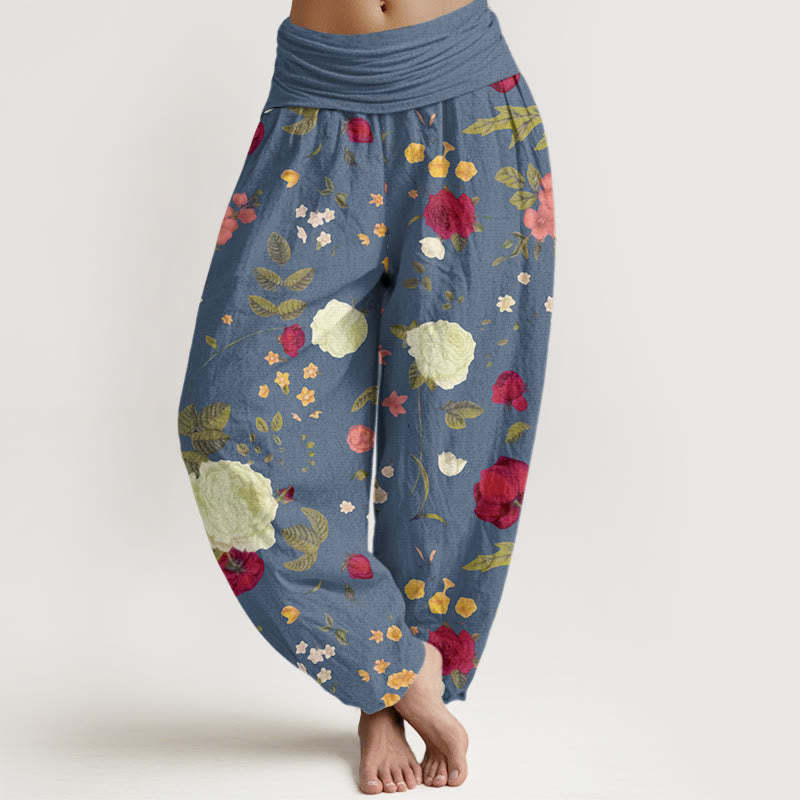Rose Flowers Leaves Totem Pattern Women's Elastic Waist Harem Pants