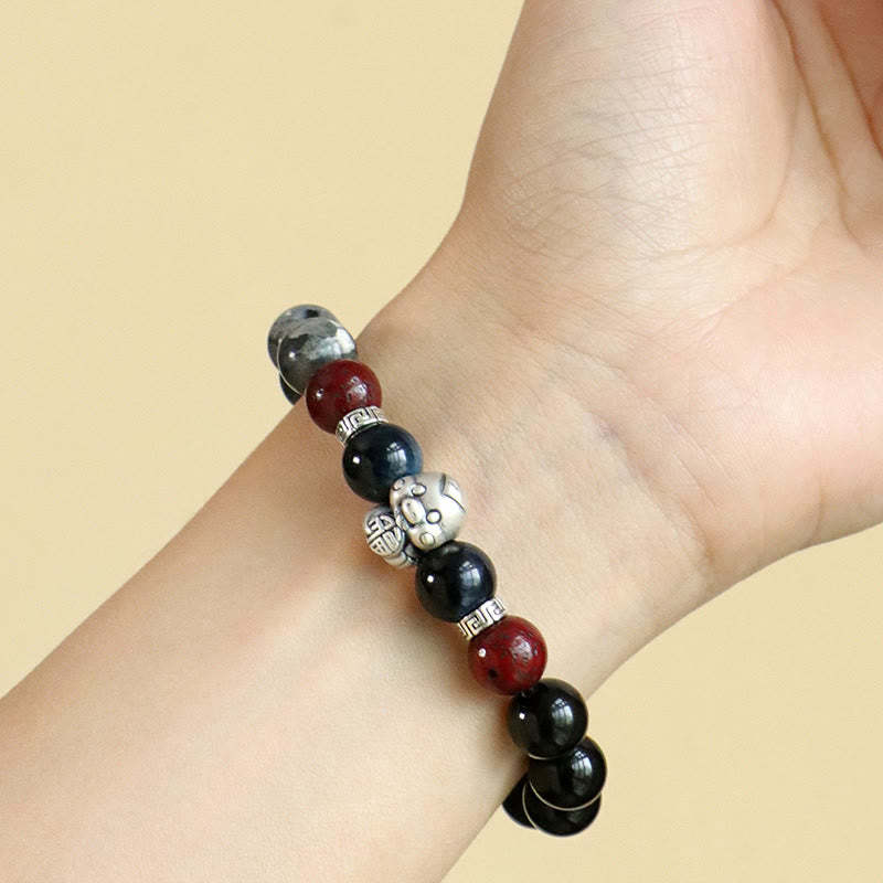 Black Glitter Stone Black Onyx 999 Sterling Silver Fu Character Copper Coin Year Of Snake Protection Bracelet