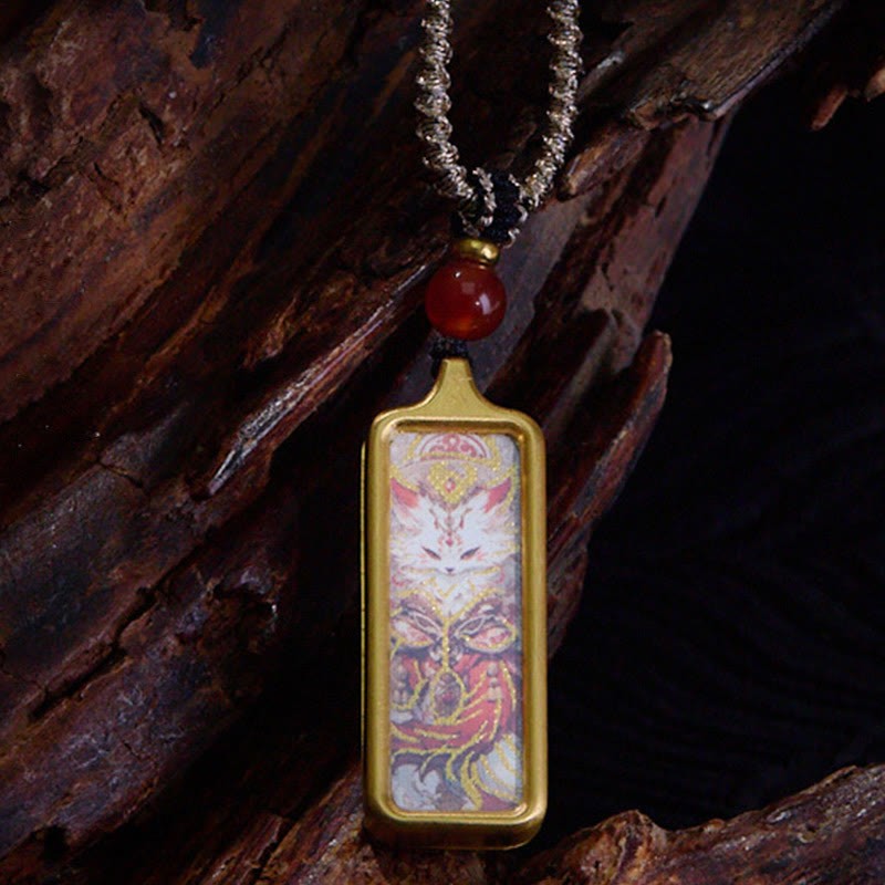 Tibet Zakiram Yellow God of Wealth Nine-Tailed Fox Hand-Painted Thangka Calm Necklace Pendant