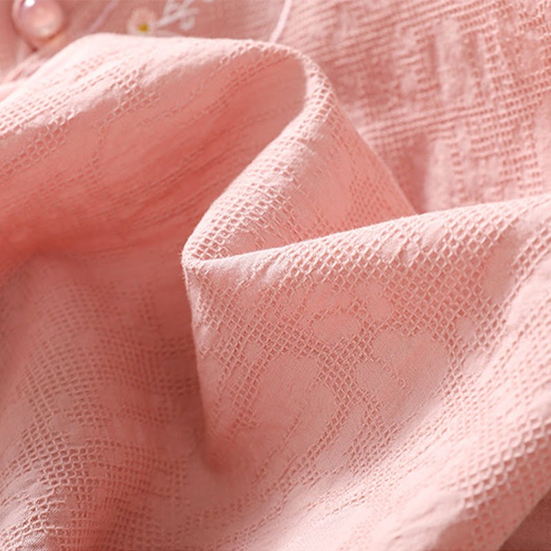 Plum Blossom Embroidery Frog-Button Short Sleeve Cotton Linen Shirt