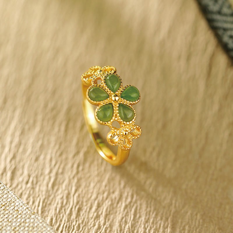 Natural Hetian Jade 925 Sterling Silver Plated Gold Flower Adjustable Prosperity Ring