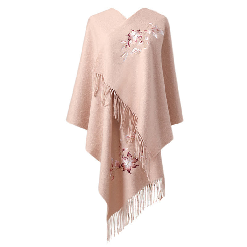 Wool Shawl Pink White Flower Embroidery Tassel Winter Cozy Travel Scarf Wrap