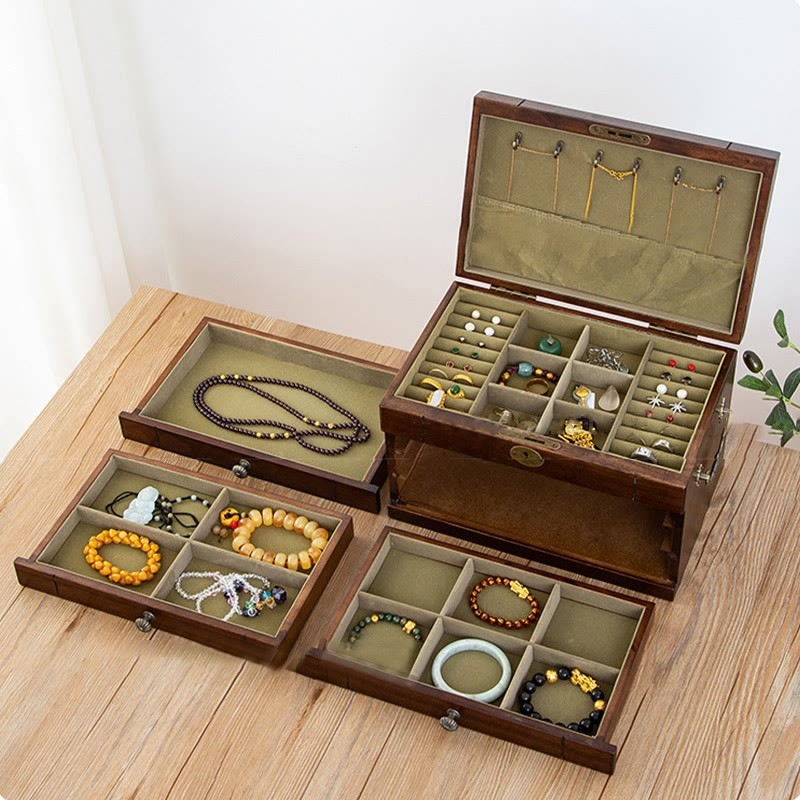 Retro Solid Wood Jewelry Box Four-Layer Wooden Jewelry Storage Box