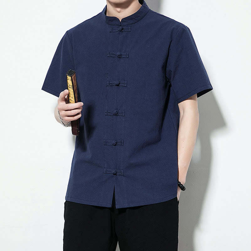 Casual Solid Color Front Frog Buttons Chinese Tang Suit Short Sleeve Linen Men's Shirt