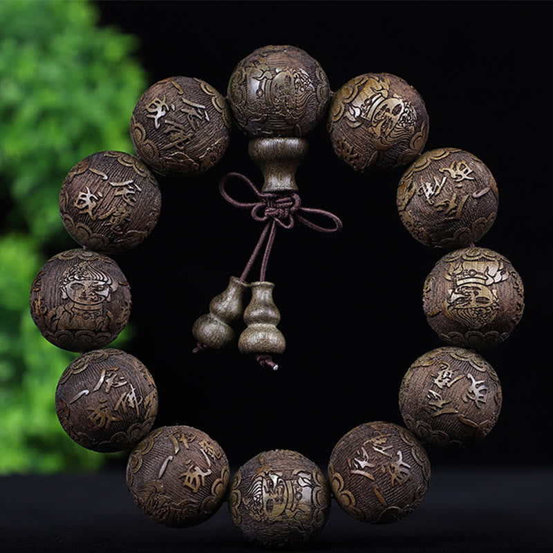 Chinese Zodiac Rosewood Ebony Boxwood Copper Coin PiXiu Carved Warmth Bracelet