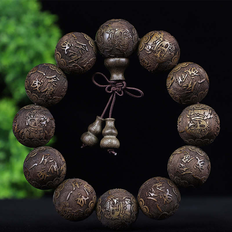 Chinese Zodiac Rosewood Ebony Boxwood Copper Coin PiXiu Carved Warmth Bracelet