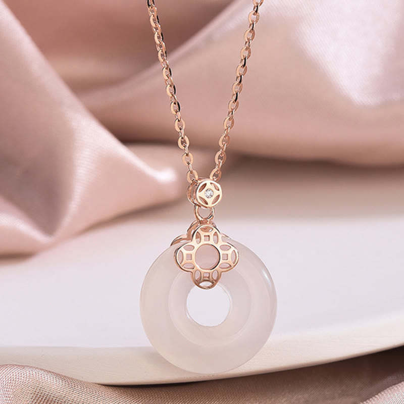 925 Sterling Silver Natural Hetian White Jade Chalcedony Coin Peace Buckle Luck Necklace Pendant