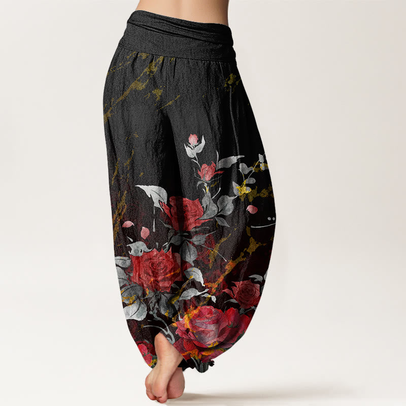 Blooming Roses Pattern Women's Elastic Waist Harem Pants