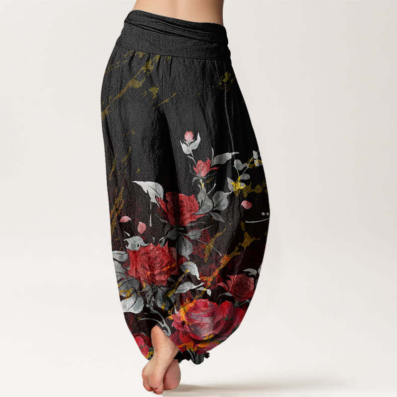Blooming Roses Pattern Women's Elastic Waist Harem Pants