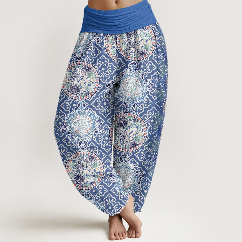 Round Diamond Shape Chinese Floral Design Women's Elastic Waist Harem Pants