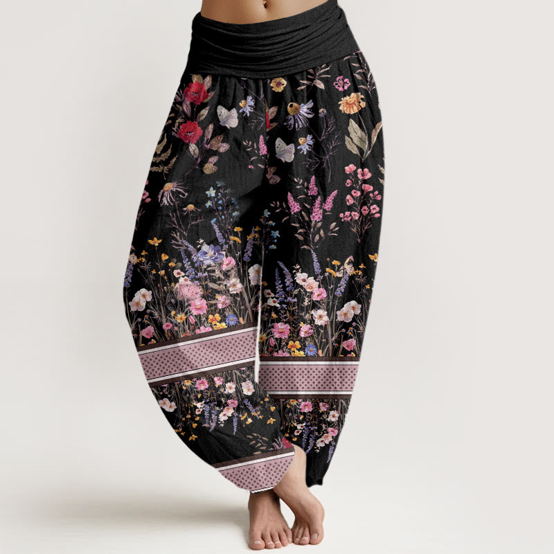Multicolored Flowers Butterflies Design Women's Elastic Waist Harem Pants